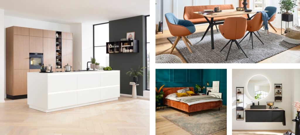 Vier Bilder als Collage angeordnet, Interliving Küche in Weiß/Korralle, Esszimmer-Garnitur, Boxspringbett in Kupfer, Badezimmer in schwarz matt mit beleuchteten Spiegel