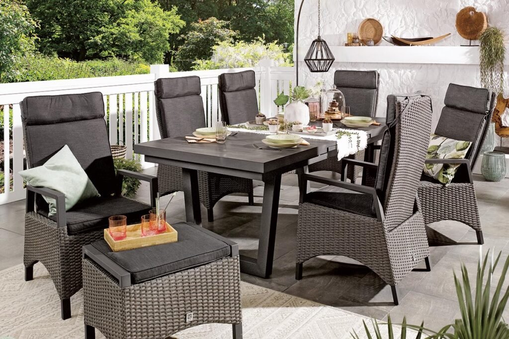 Gartenmöbelgruppe mit 6 verstellbaren Gartenstühlen und Ausziehtisch in Anthrazit/Grau
