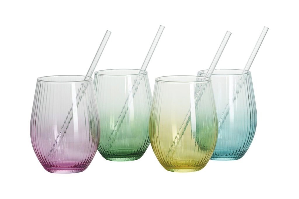 Partyset best. aus 4 Gläsern und 4 Glastrinkhalmen bunt