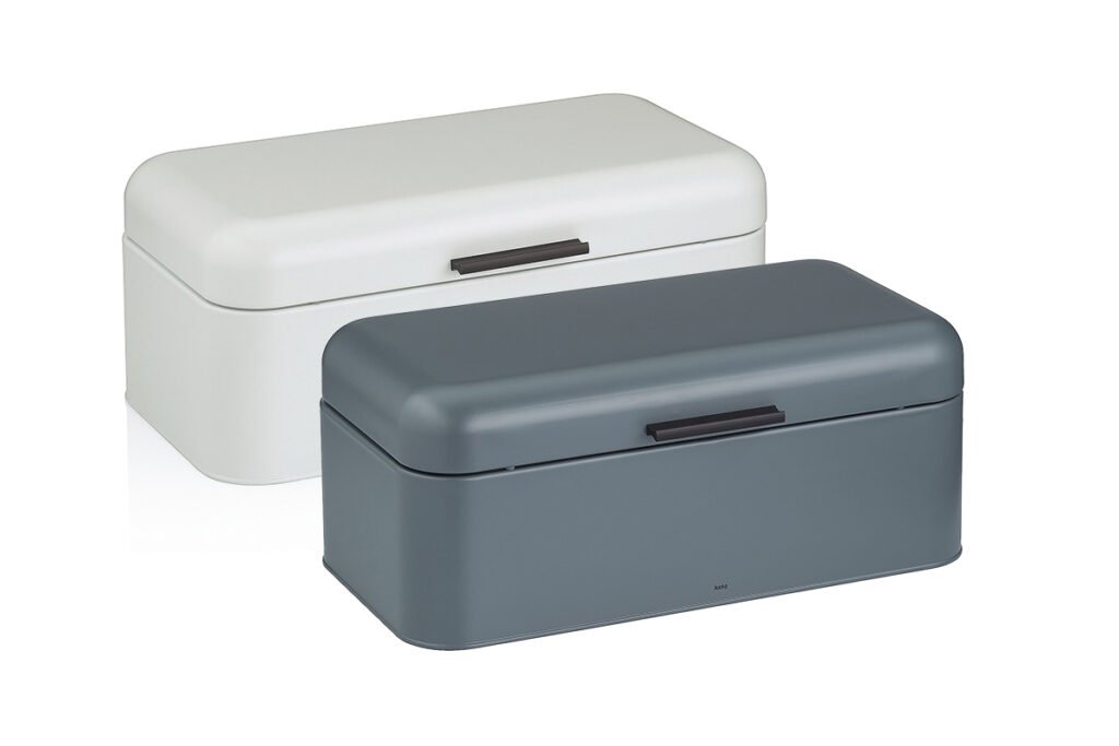 Zwei Brotkästen aus Metall in Weiß und Dunkelgrau