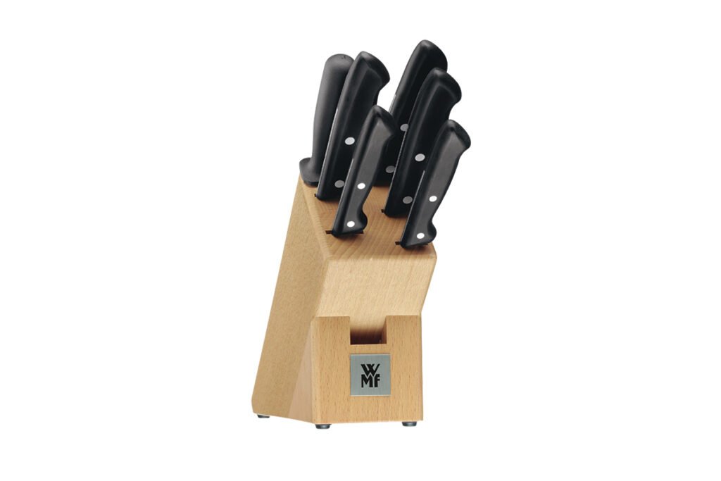 Messerblock aus Buche mit Gemüse-, Steak-, Fleisch-, Brot- und Zubereitungsmesser.