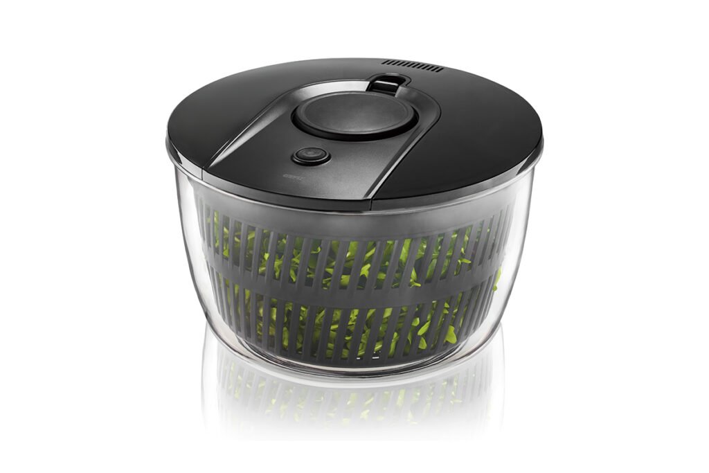 Salatschleuder aus Kunststoff in Schwarz mit SIeb