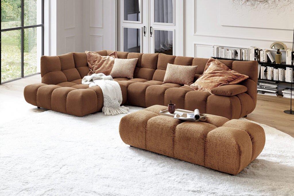 Ecksofa, Bezug Feincord Old Orange, inklusive Hocker Bezug Stoff Shaun Orange
