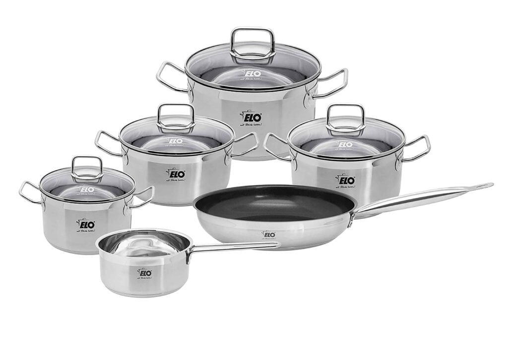 Topfset 6-teilig, bestehend aus 4 Töpfen mit zwei Griffen in unterschiedlichen Größen, ein Topf mit einem Griff und einer Pfanne, Edelstahl