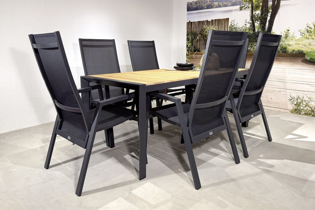 Gartengruppe Gestell Aluminium Anthrazit matt, bestehend aus Tisch, Platte Teakholz und 6 Dining Move Sesseln Silber/Schwarz