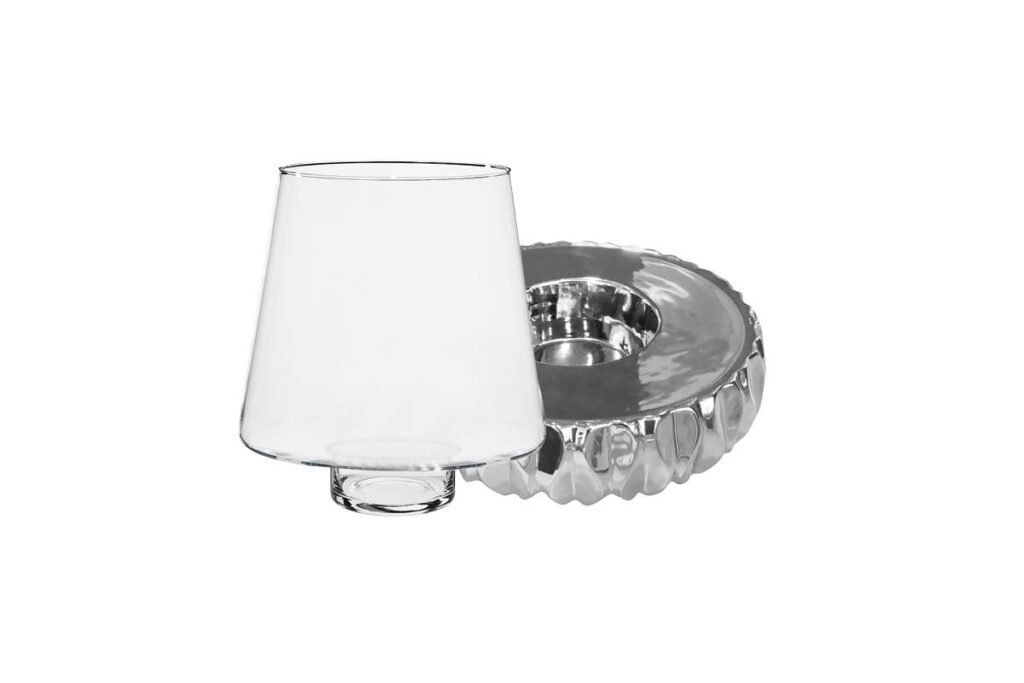 Windlicht-Set, zweiteilig, Sockel Silber lackiert und Aufsatz Glas
