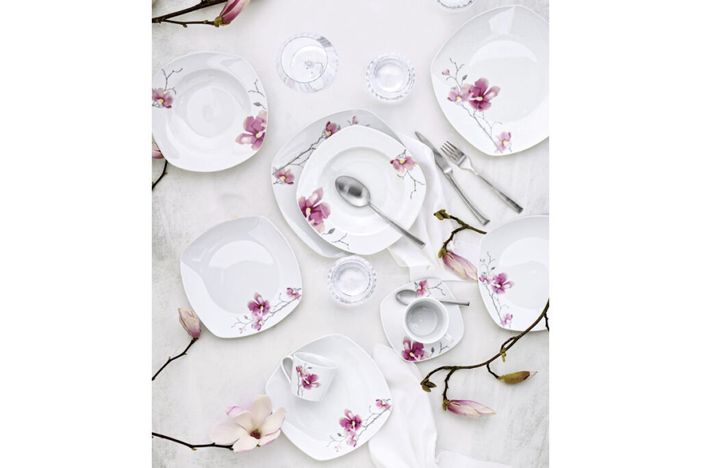 Sechser Porzellan-Set eckig, Weiß mit Blumen-Motiv