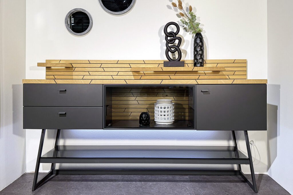 Kommoden-Kombination, Schiefer Schwarz, Balkenoptik Eiche, inklusive Zubehör