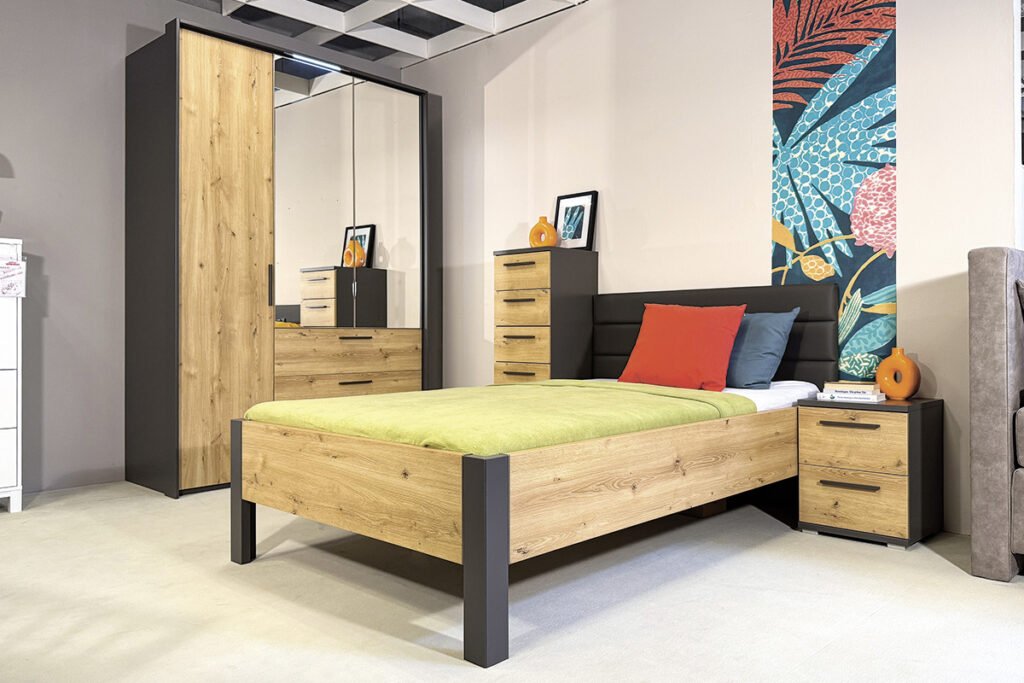 Jugendzimmer, Graphit/Asteiche, bestehend aus Kleiderschrank, inklusive Zubehör, Kommode, Bett und Nachtkonsole