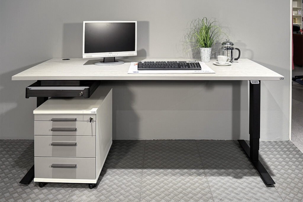 Schreibtisch, Grau/Weiß/Metall Anthrazit, inklusive Rollcontainer, elektrischer Höhenverstellung und Zubehör