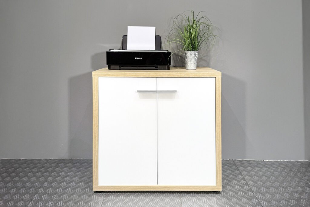 Sideboard, Eiche Natur/Glas Weiß