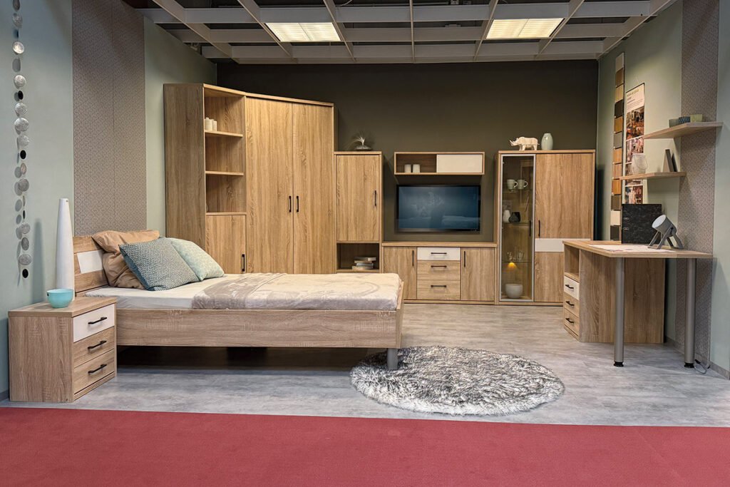 Jugendzimmer Sonoma Eiche/Lichtweiß, bestehend aus Eckkombination, Bett, inkl. Nachtkonsole und Schreibtisch