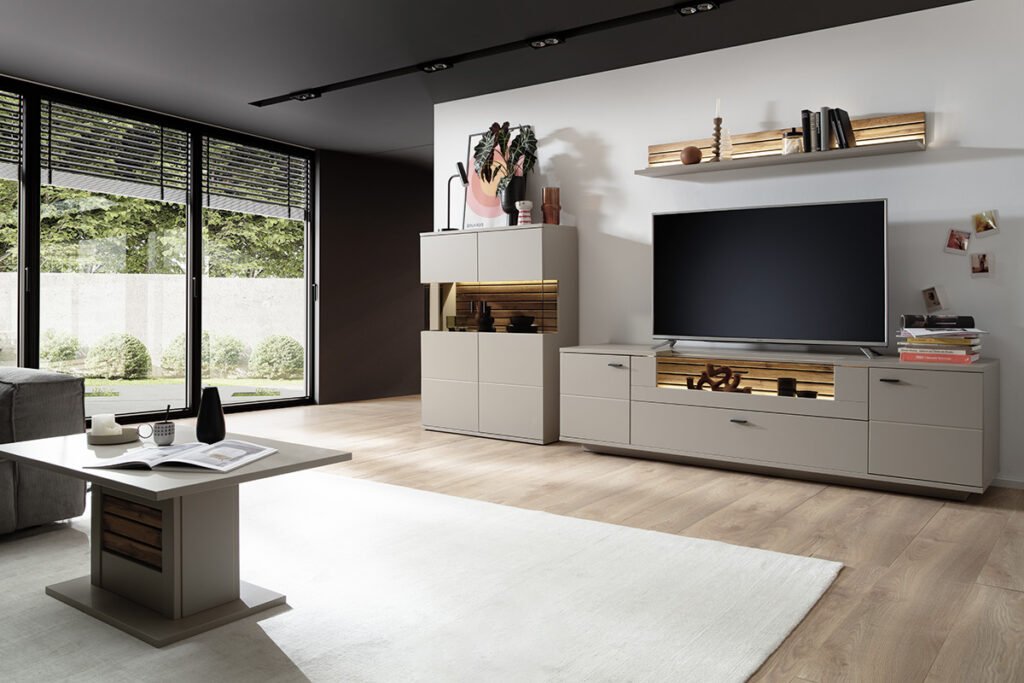 Wohnkombination Lüttich in Taupe, best. aus Lowboard, Highboard und Wandboard