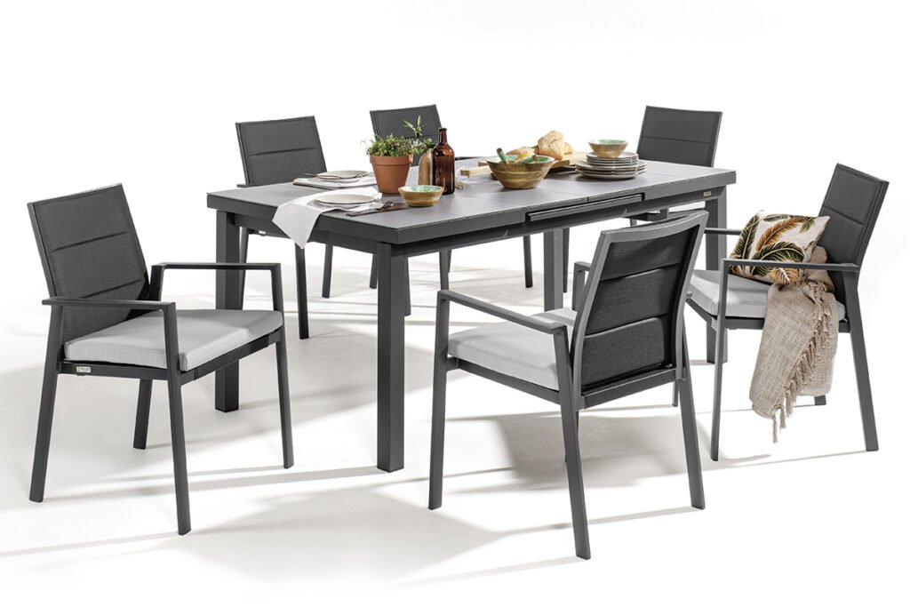Gartengruppe Aluminiumgestell pulverbeschichtet Anthrazit, best. aus Ausziehtisch und 6 Armlehnstühlen
