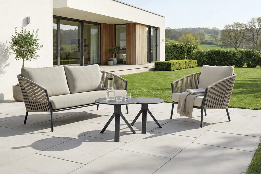 Loungegruppe [Cliff] Aluminiumgestell pulverbeschichtet Anthrazit, Sitzfläche silberfarbig, Gurtbespannung Salt, Polyethylen, inkl. Sitz- und Rückenkissen, Bezug Graubeige, Polyacryl.