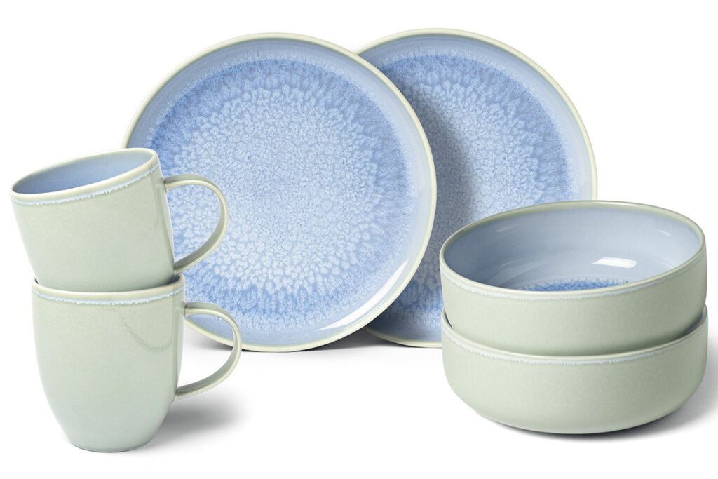 Früchstücksset bestehend aus jeweils zwei Henkelbechern, zwei Bowls und zwei Früchstücksteller, Blau/Mint