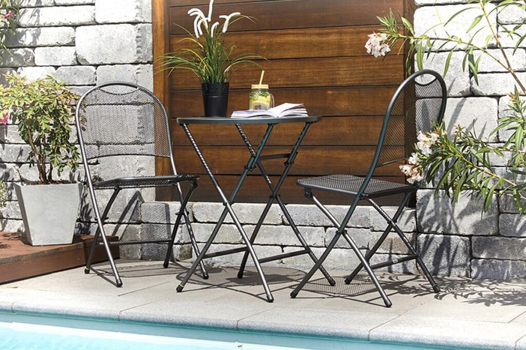 Balkon-Set Streckmetall Eisengrau, bestehend aus 2 Stühlen und einem Tisch