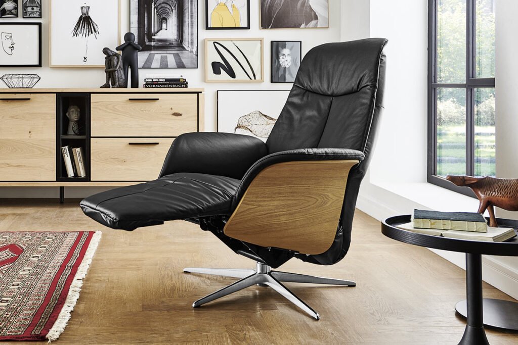 Relaxsessel, Leder Schwarz, mit Sitzschale aus Holz