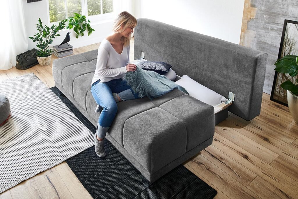 Schlafsofa, Grau mit Stauraum