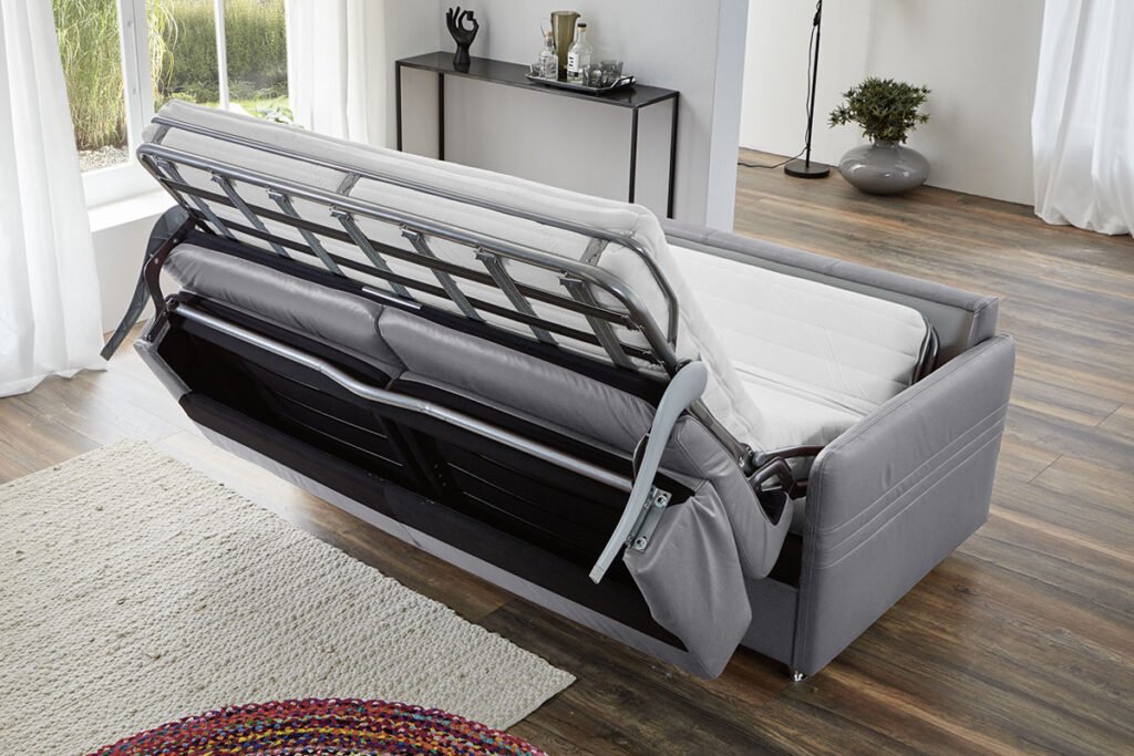 Schlafsofa grau, aufgeklappt