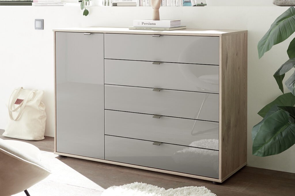 Schlafzimmer in Nordic-Eiche Nachbildung, Front Glas Kieselgrau