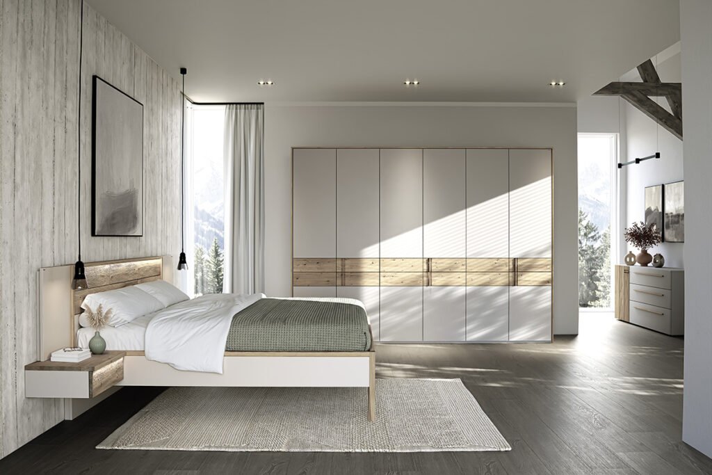 Schlafzimmer Lack Taupe, Wildeiche massiv geölt, bestehend aus Drehtürenschrank, Kommode und Bettanlage