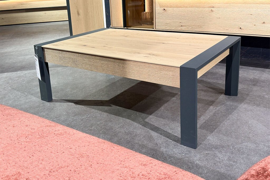 Couchtisch, Kerneiche Natur massiv, Gestell Metall Lack Anthrazit, inklusive Schublade
